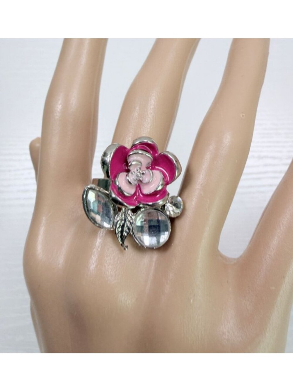 Pink Enamel Flower Ring Silver Tone Bold Statement Adjustable Size 8